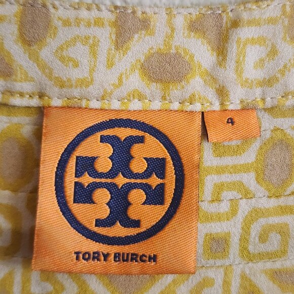 Tory Burch Blouse Womens 4 Yellow Geometric Pleated Silk Long Sleeve Boho Top - Picture 3 of 11